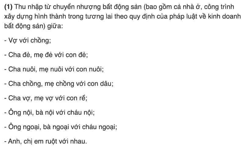 Thu nhập từ chuyển nhượng bất động sản từ người thân