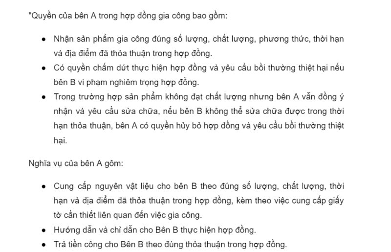 Quyền và nghĩa vụ của bên A trong hợp đồng liên quan đến gia công