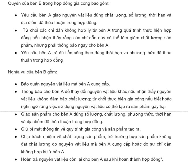 Quyền và nghĩa vụ của bên B trong hợp đồng liên quan đến gia công