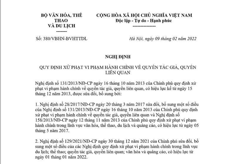 Văn bản hợp nhất vi phạm hành chính về quyền tác giả