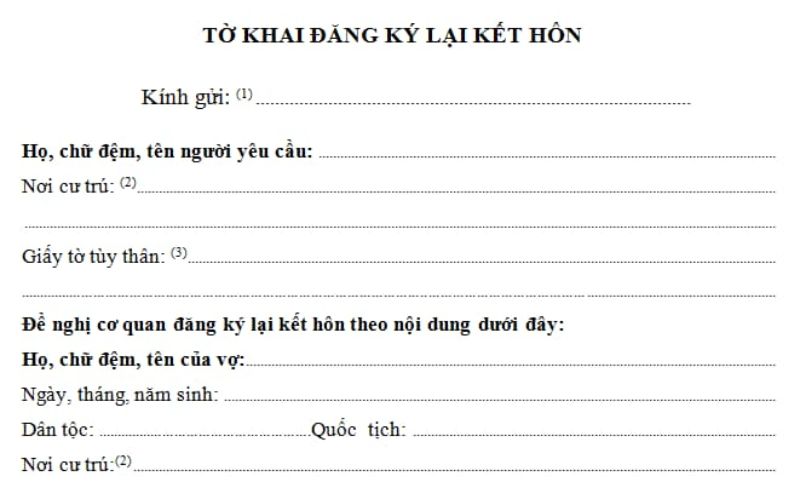 Mẫu tờ khai đăng ký cấp lại giấy kết hôn