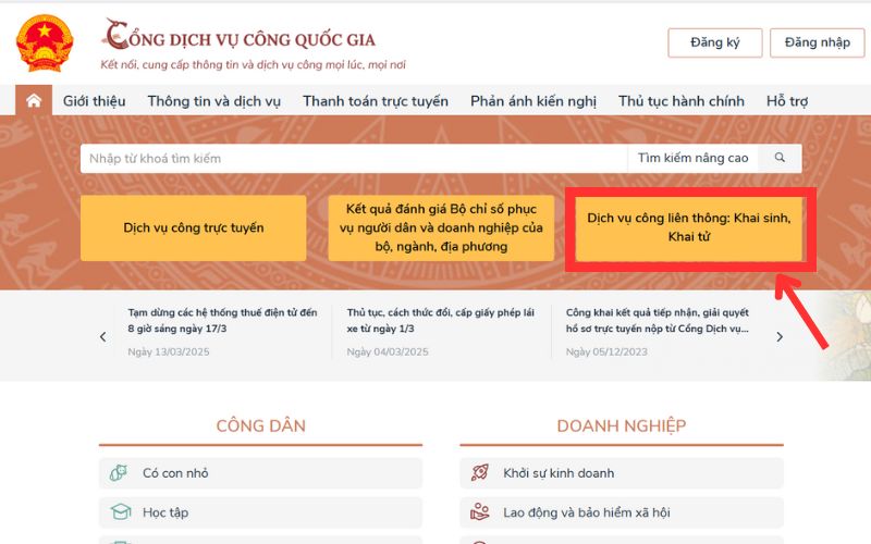 Làm Giấy khai sinh trực tuyến tại Cổng dịch vụ công quốc gia