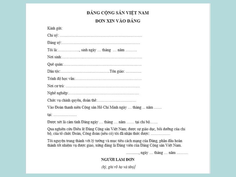 Mẫu đơn xin vào Đảng mới và chuẩn nhất
