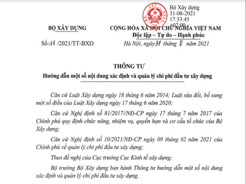 Thông tư số 11/2021/TT-BXD có hiệu lực thi hành từ ngày 15/10/2021