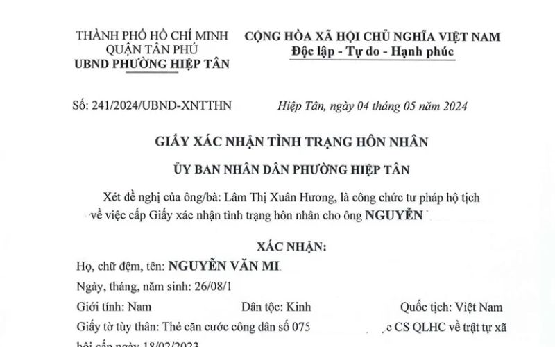 Giấy xác nhận tình trạng hôn thân mẫu