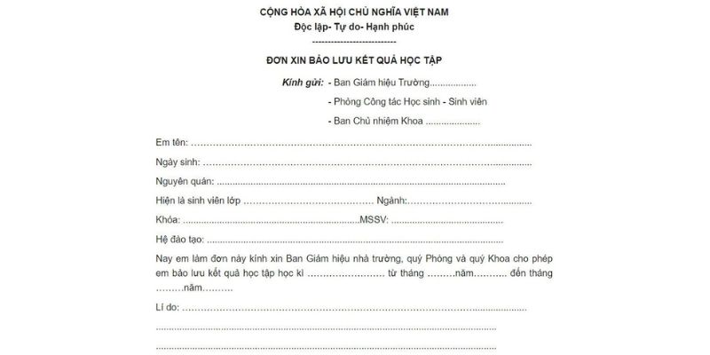 Cần có Đơn bảo lưu kết quả học tập