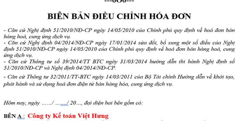 Mẫu biên bản điều chỉnh hóa đơn tham khảo