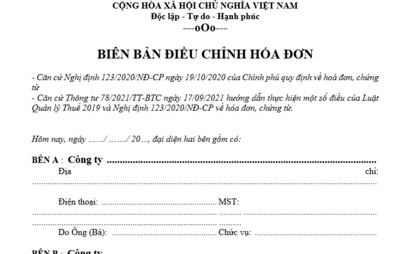 Mẫu biên bản điều chỉnh hóa đơn