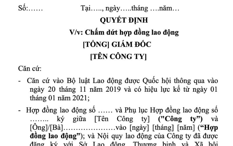 Quyết định chấm dứt hợp đồng lao động do NSDLĐ ban hành