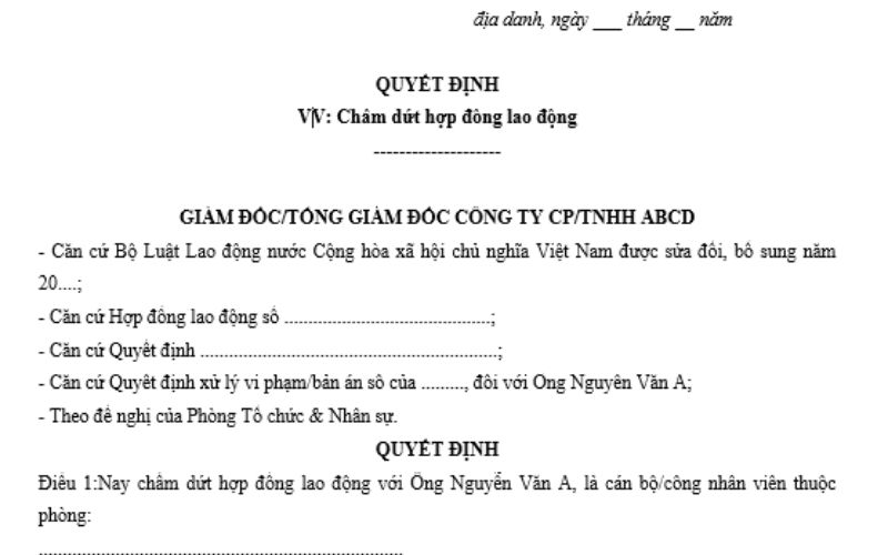 Mẫu chấm dứt hợp đồng lao động hiện hành