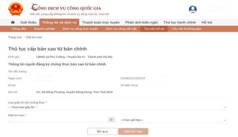 Đặt lịch hẹn yêu cầu công chứng điện tử