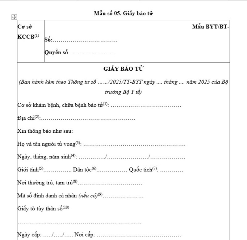 Mẫu giấy báo tử mới nhất theo quy định