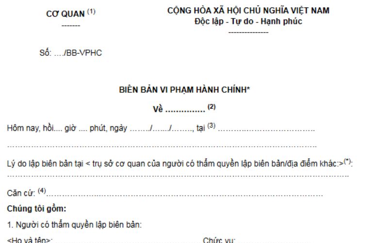 Minh họa biên bản vi phạm hành chính