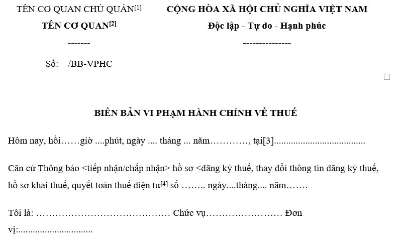 Mẫu biên bản vi phạm hành chính về thuế hiện nay