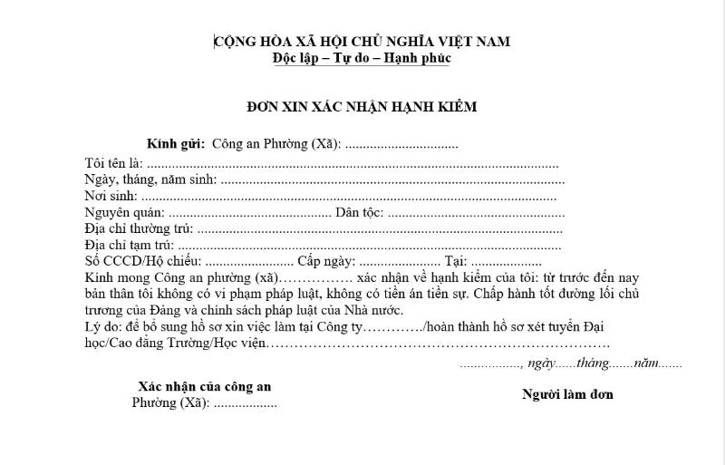 Mẫu đơn xác nhận hạnh kiểm mới nhất 2025