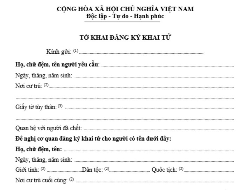 Mẫu giấy khai tử chuẩn để người dân sử dụng