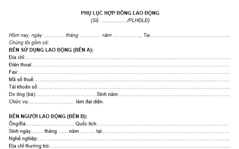 Mẫu phụ lục hợp đồng lao động phổ biến hiện nay