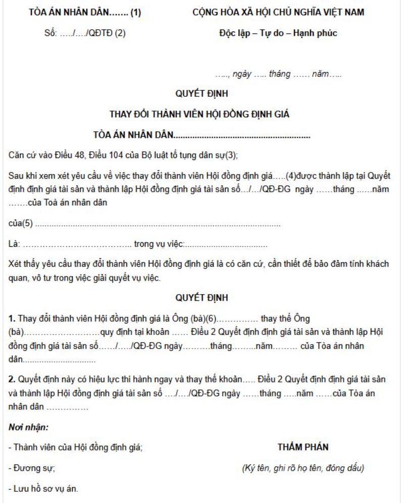 Mẫu số 09-DS: Quyết định thay đổi thành viên trong Hội đồng định giá