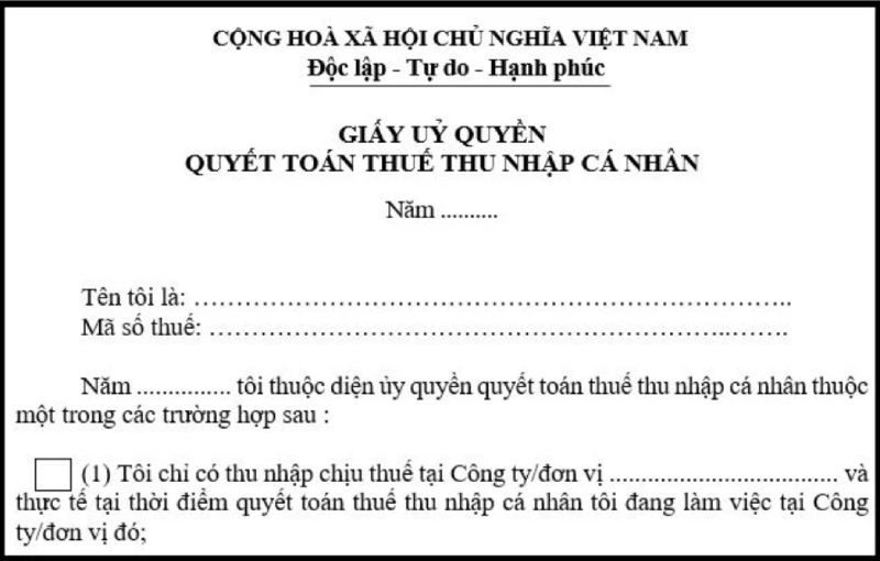 Mẫu ủy quyền quyết toán thuế thu nhập cá nhân 2025 mới nhất
