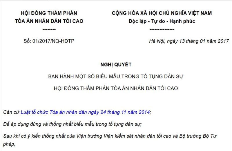 Nghị quyết 01/2017/NQ-HĐTP được ban hành ngày 13/01/2017