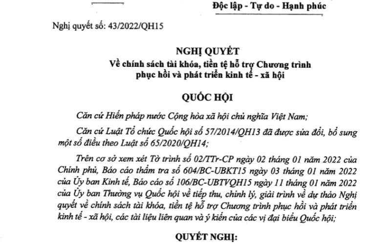 Những chính sách nổi bật trong Nghị quyết 43/2022/QH15 