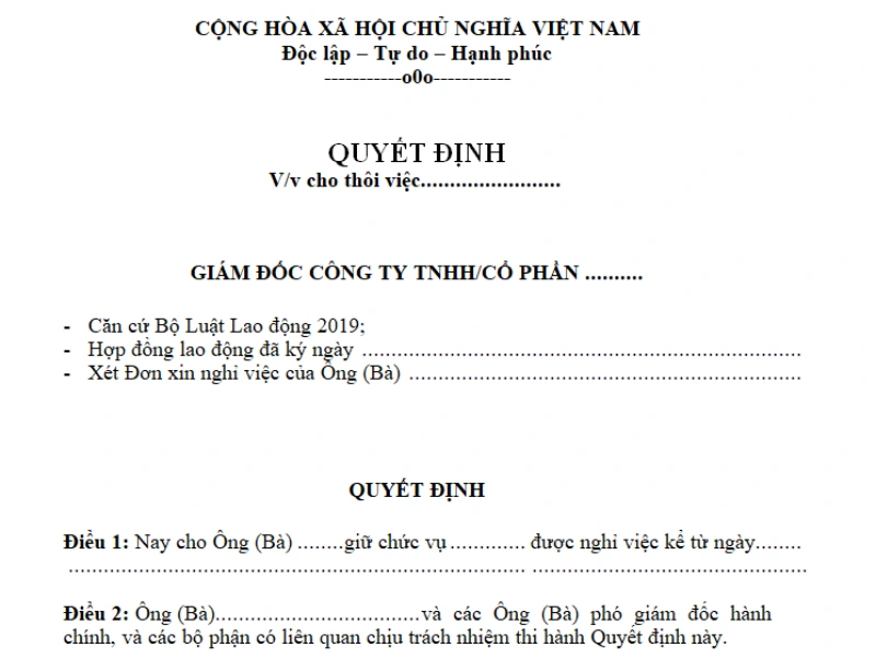 Mẫu quyết định cho thôi việc số 2