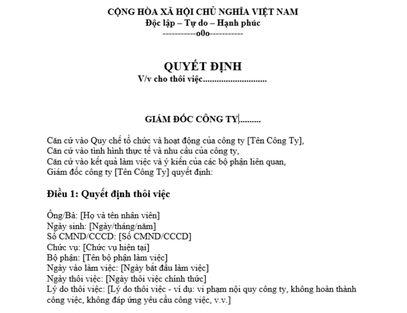 Mẫu quyết định cho thôi việc số 3