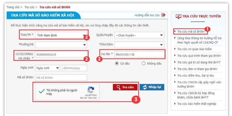 Nhập vào các thông tin để tra cứu mã số thẻ BHYT tại nhà