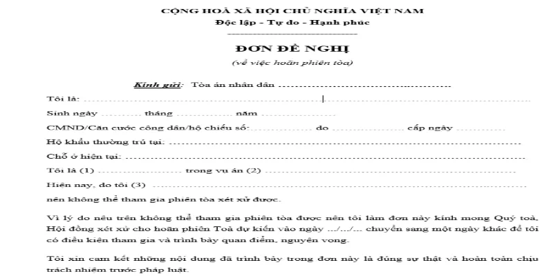 Mẫu đơn xin hoãn phiên tòa hiện hành