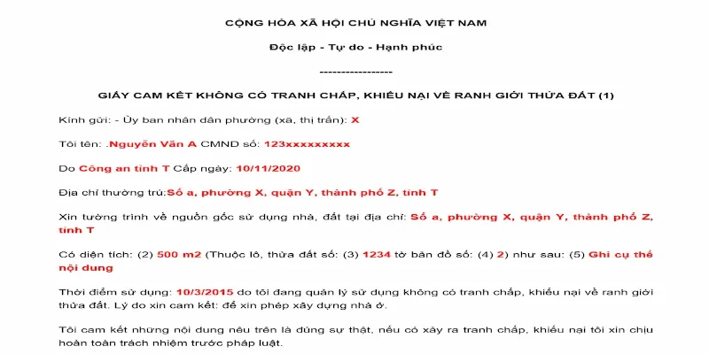 Gợi ý mẫu giấy cam kết không tranh chấp ranh giới