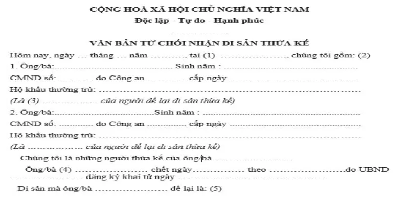 Mẫu văn bản từ chối thừa kế mới nhất hiện nay