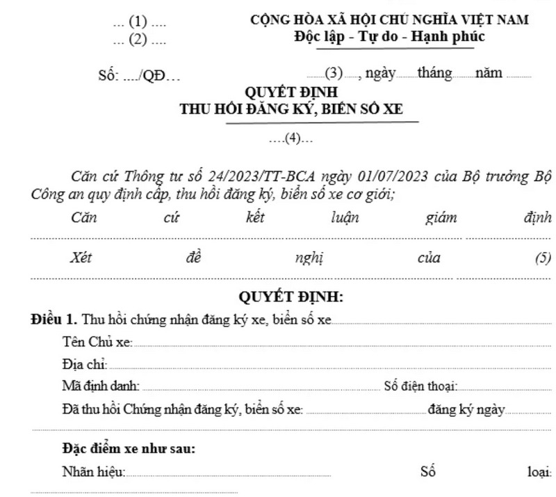 Hồ sơ thu hồi biển số xe gồm những gì?