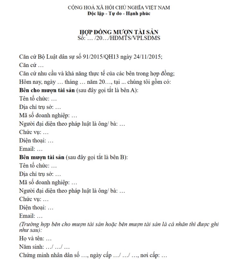 Mẫu hợp đồng cho mượn tài sản (Hình 1)