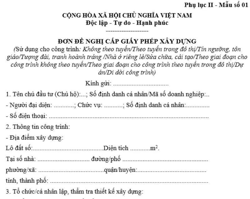 Đơn xin cấp giấy phép xây dựng nhà ở riêng lẻ được thực hiện theo Mẫu số 01